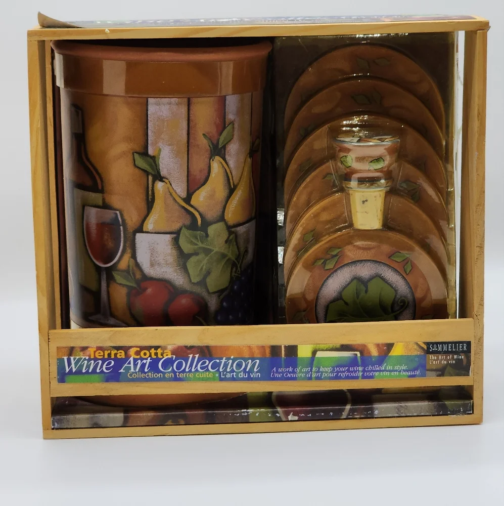 Terra Cotta Wine Art Collection Set Wine Chiller Bottle‎ Topper And Coasters NEW